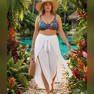 Kona Sol XL White Gauzy Tie-Front Wide Leg Beach Cover-Up Pants